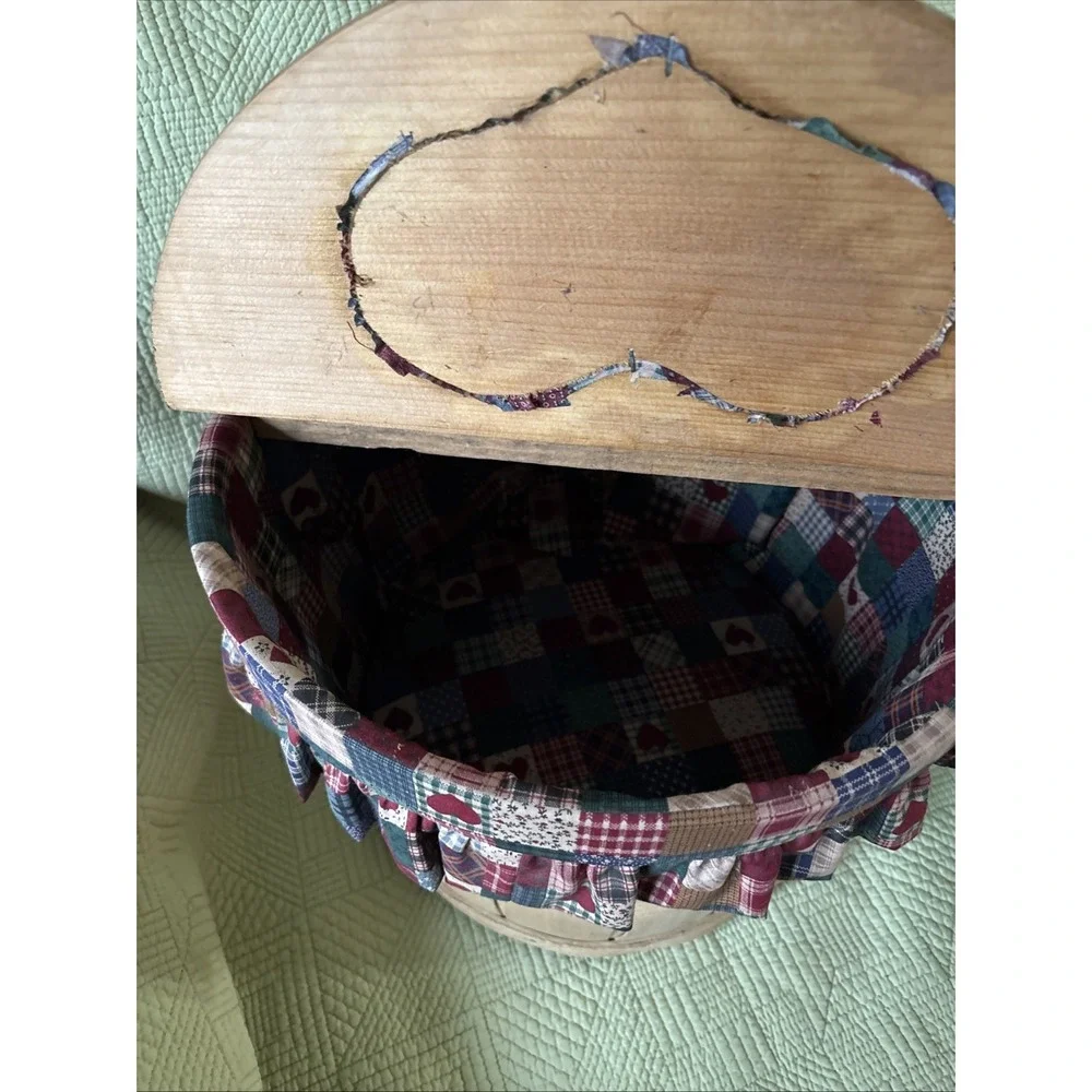 Vintage Bushel Sewing Basket Wooden DuelFlip Top Heart Handle Check Liner 14